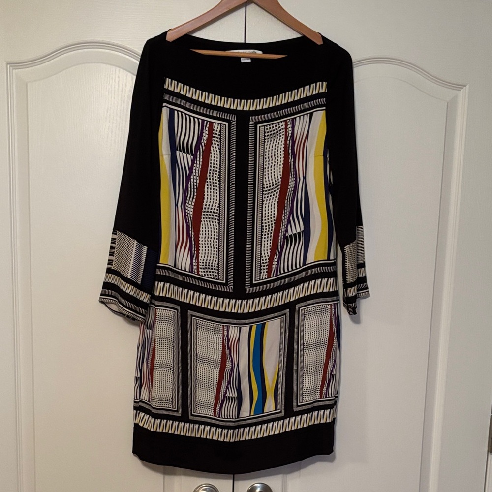 Diane Von Furstenberg Black Mini Dress with Yellow, Blue and Red Accents